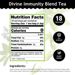 Buddha Teas Divine Immunity ingredients elderberry hyssop rose hips convey a vibrant, natural blend.