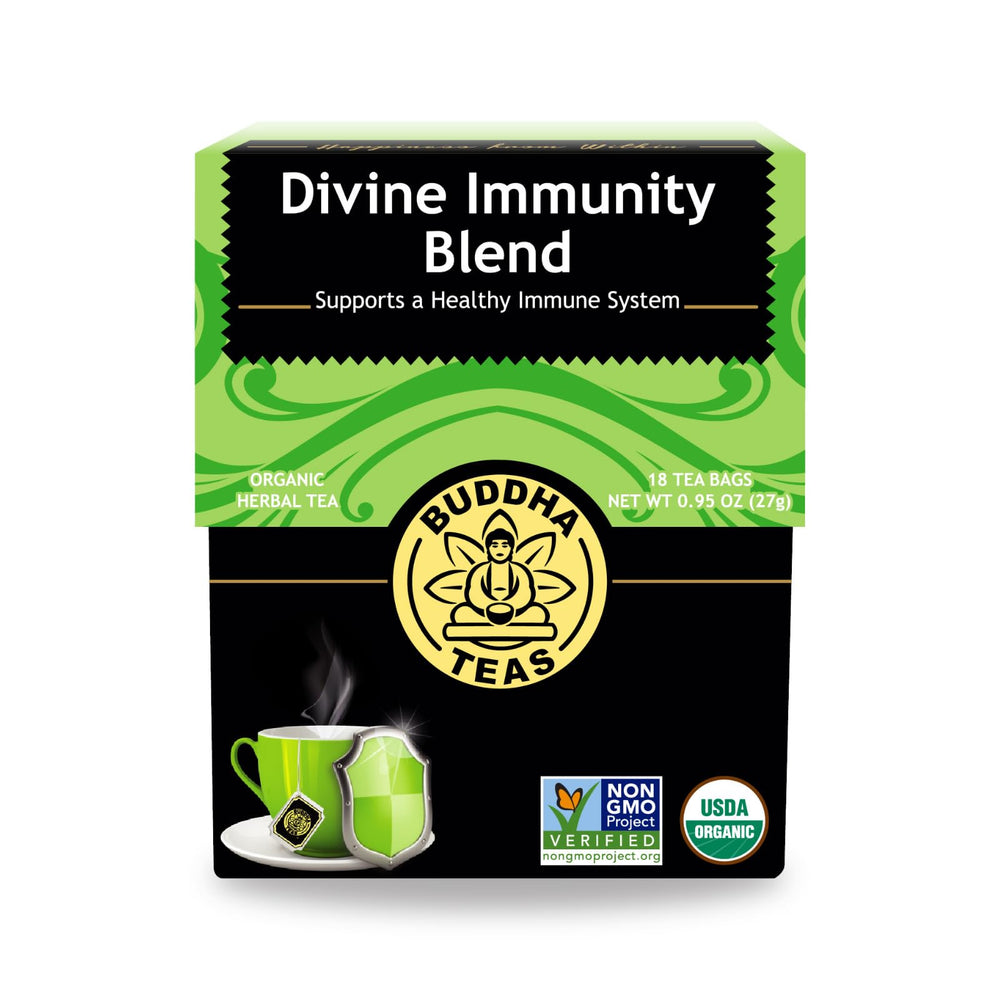 Buddha Teas Divine Immunity Tea packaging highlights organic ingredients for a caffeine-free ritual.