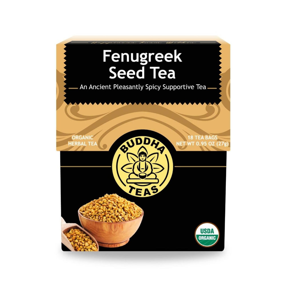Buddha Teas Fenugreek Seed Tea box front showing organic packaging for digestion support.