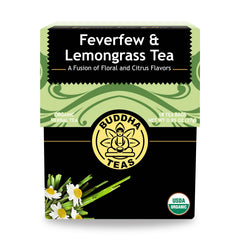 Buddha Teas Feverfew & Lemongrass cup with refreshing citrus aroma for relaxation