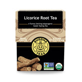Buddha Teas Licorice Root Tea bags in a cup; may support digestive comfort.