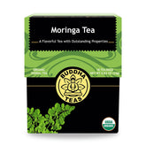 Buddha Teas Moringa Tea bags in box offer a caffeine-free herbal option.