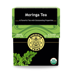 Buddha Teas Moringa Tea bags in box offer a caffeine-free herbal option.