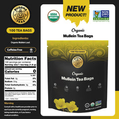 Buddha Teas Mullein Leaf Tea in a cup with amber color and mild aroma