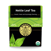 Buddha Teas nettle leaf tea box shows organic, caffeine-free herbal blend.