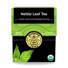 Buddha Teas nettle leaf tea box shows organic, caffeine-free herbal blend.