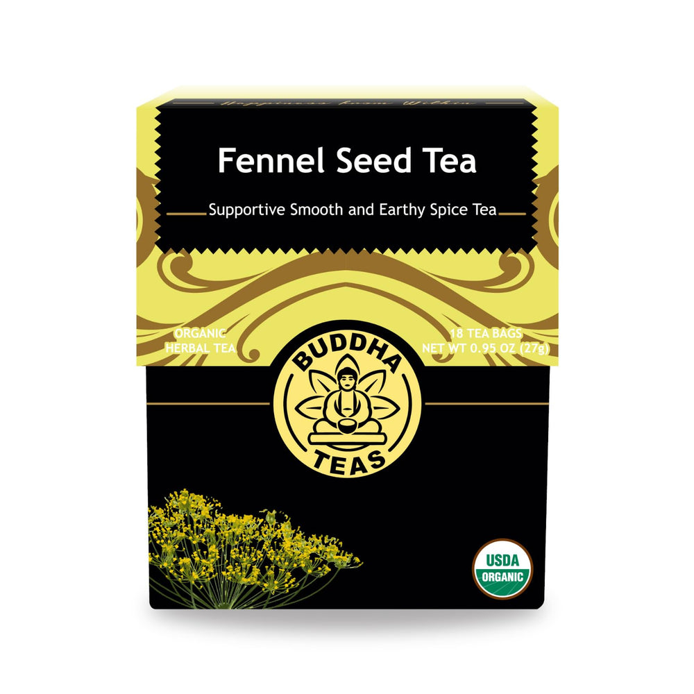 Buddha Teas organic fennel seed tea pack showing a single-ingredient blend for digestion