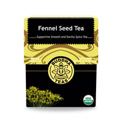 Buddha Teas organic fennel seed tea pack showing a single-ingredient blend for digestion