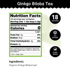 Buddha Teas Organic Ginkgo Biloba leaf highlight for a pure, caffeine-free blend.