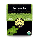 Buddha Teas Organic Gymnema Sylvestre tea pack, caffeine-free and kosher for daily use.