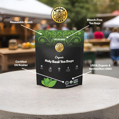 Buddha Teas Organic Holy Basil label highlights organic, caffeine-free blend.