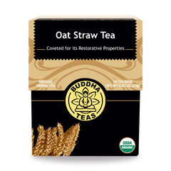 Buddha Teas Organic Oat Straw Tea pack shows calming herbal blend ready to brew.