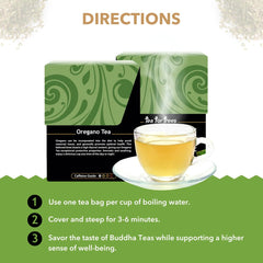 Buddha Teas Organic Oregano Tea label shows organic, non-GMO ingredients.