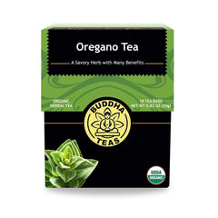 Buddha Teas Organic Oregano Tea pack highlights natural herbs for a caffeine-free herbal ritual.