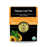 Buddha Teas Organic Papaya Leaf Tea pack closeup, caffeine-free herbal option.