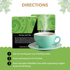 Buddha Teas iced parsley leaf tea, refreshing caffeine-free treat for warm days.