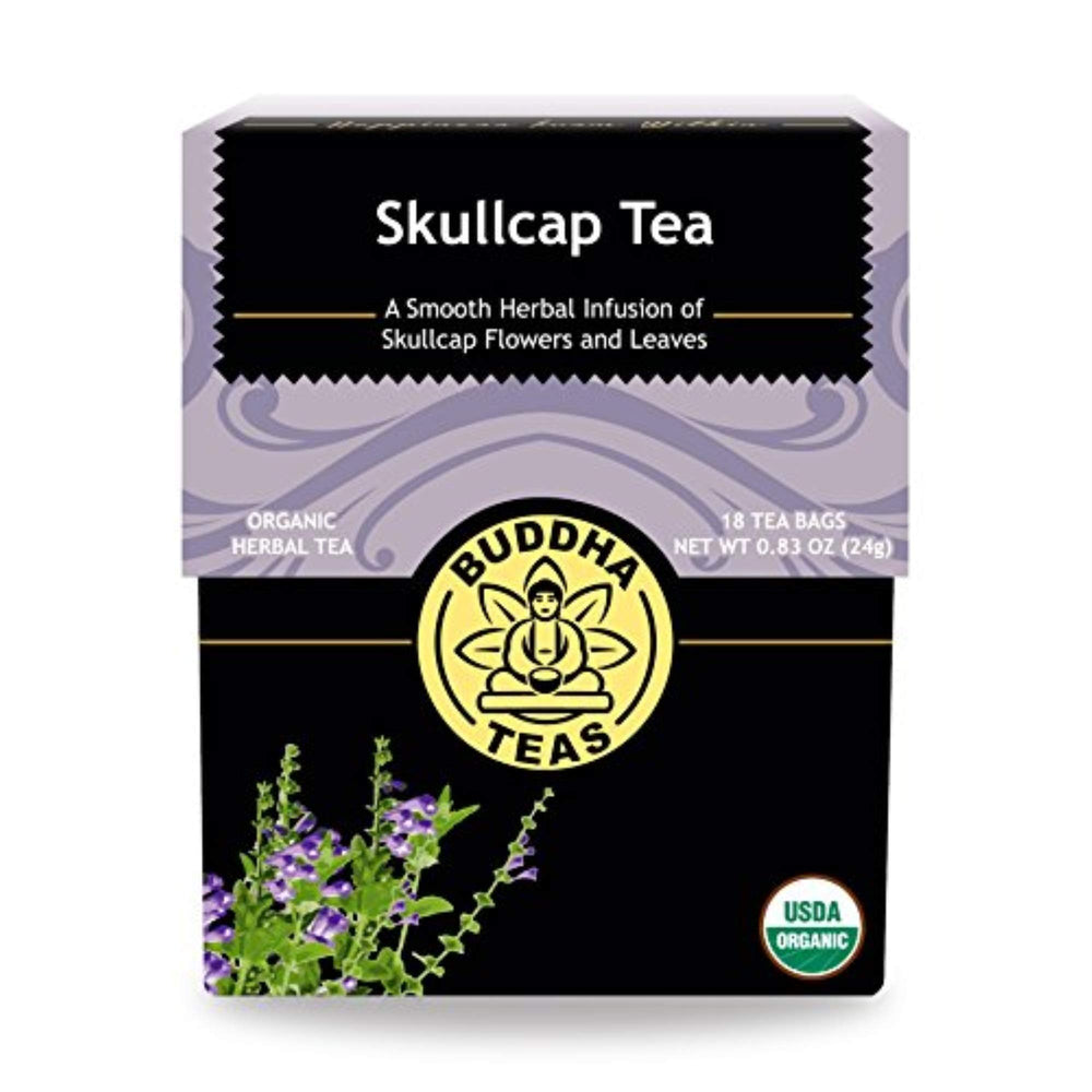 Buddha Teas Organic Skullcap Tea bags ready for a soothing brew