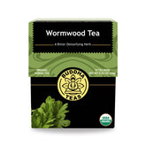 Buddha Teas Organic Wormwood Tea pack highlighting antioxidant-rich herbal blend.