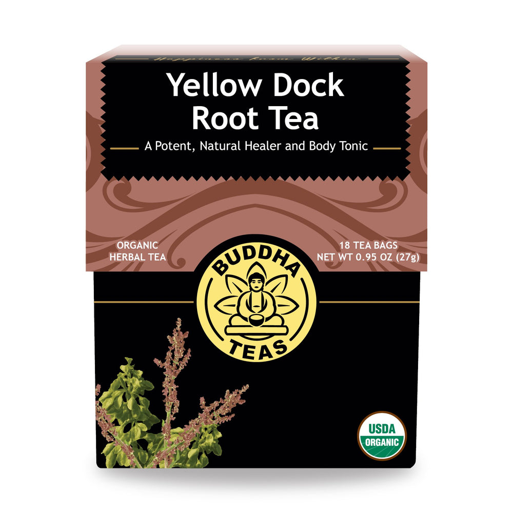 Buddha Teas Organic Yellow Dock Root Tea Pack highlights certified organic quality.