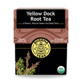 Buddha Teas Organic Yellow Dock Root Tea Pack highlights certified organic quality.