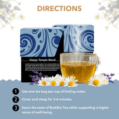 Buddha Teas Sleepy Temple Blend chamomile-lavender notes envelop a quiet, relaxing moment.