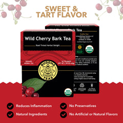 Buddha Teas wild cherry bark tea cup steep highlights calm, aromatic infusion.