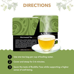 Buddha Teas Wormwood Tea brewed cup ready for a savory herbal moment.