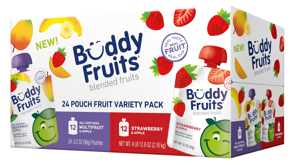 Buddy Fruits pouch display featuring multifruit variety for on-the-go snacking