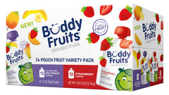 Buddy Fruits pouch display featuring multifruit variety for on-the-go snacking