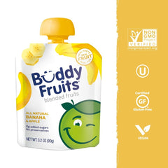 Buddy Fruits banana applesauce pouch open, showing pure blended fruit with no added sugar.