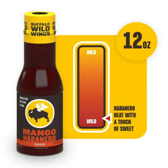 Buffalo Wild Wings Mango Habanero sauce label closeup highlighting real mango puree