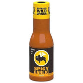 Buffalo Wild Wings Spicy Garlic Buffalo Sauce bottle adds bold garlic heat to wings.