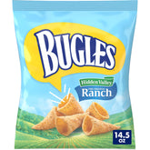 Bugles Hidden Valley Ranch bag showing cone-shaped snacks with savory ranch flavor.