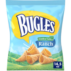 Bugles Hidden Valley Ranch bag showing cone-shaped snacks with savory ranch flavor.