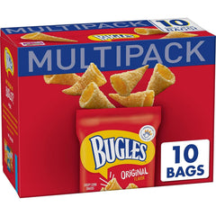 Bugles Original Crispy Corn Snacks packaging showing the 10-count multipack for on-the-go snacking.
