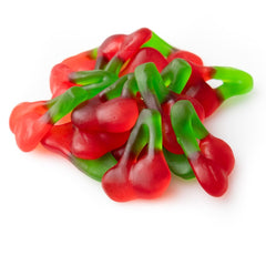 Buha Sweets Happy Cherries gummies in a bowl showing soft chew.