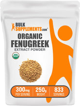 BulkSupplements Organic Fenugreek Extract Powder jar highlights pure fenugreek ingredients for everyday use