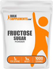 BulkSupplements Fructose powder packaging shows a gluten-free, zero-calorie sweetener option.