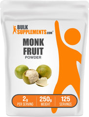 BulkSupplements Monk Fruit Powder bottle displaying gluten-free sweetness in a pantry.