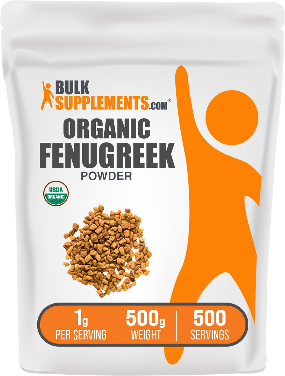 bulksupplements organic fenugreek powder packaging highlights gluten-free quality and clear labeling