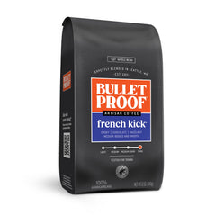 Bulletproof French Kick dark roast beans close-up, delivering a bold morning pick-me-up.