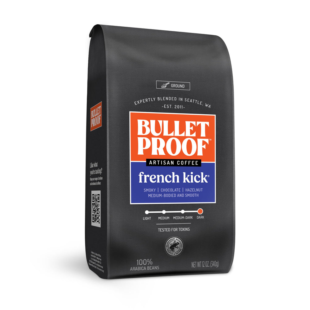 Bulletproof French Kick dark roast ground coffee in 12 oz packaging for a bold morning brew