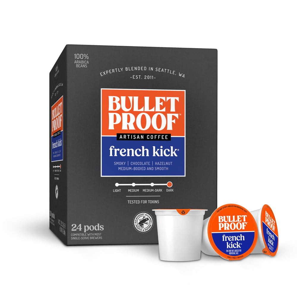 Bulletproof French Kick dark roast pods packaging varies for freshness and convenience