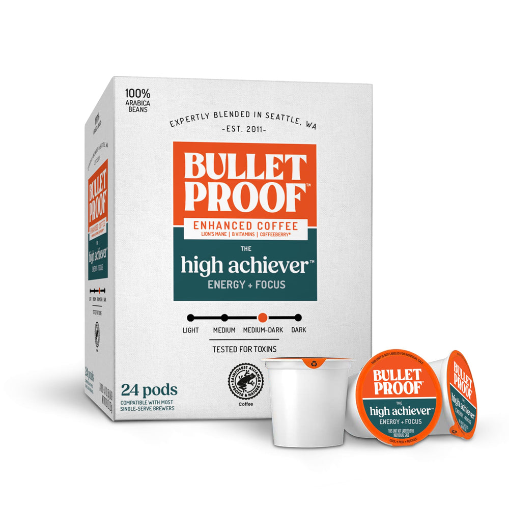 Bulletproof High Achiever pods box for a convenient energy-boosting start.