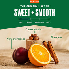 Bulletproof Original Decaf bag label highlights sustainable sourcing and toxin testing.
