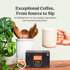 Bulletproof Original Medium Roast cup steaming demonstrates balanced flavor and aroma.