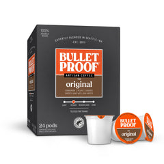 Bulletproof Original Mid-Roast Pods packaging shows convenient single-serve brewing.