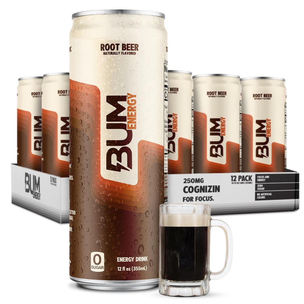 BUM Energy Root Beer can front with bold branding and sugar-free energy.