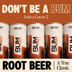Bum Energy Root Beer can pour captured in a refreshing, lightly carbonated moment.