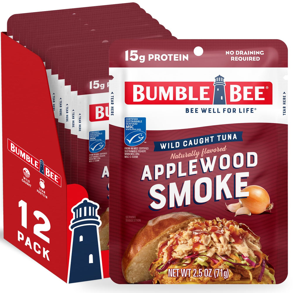 Bumble Bee Applewood Smoke Tuna Pouch on a plate, high-protein seafood for lunch.